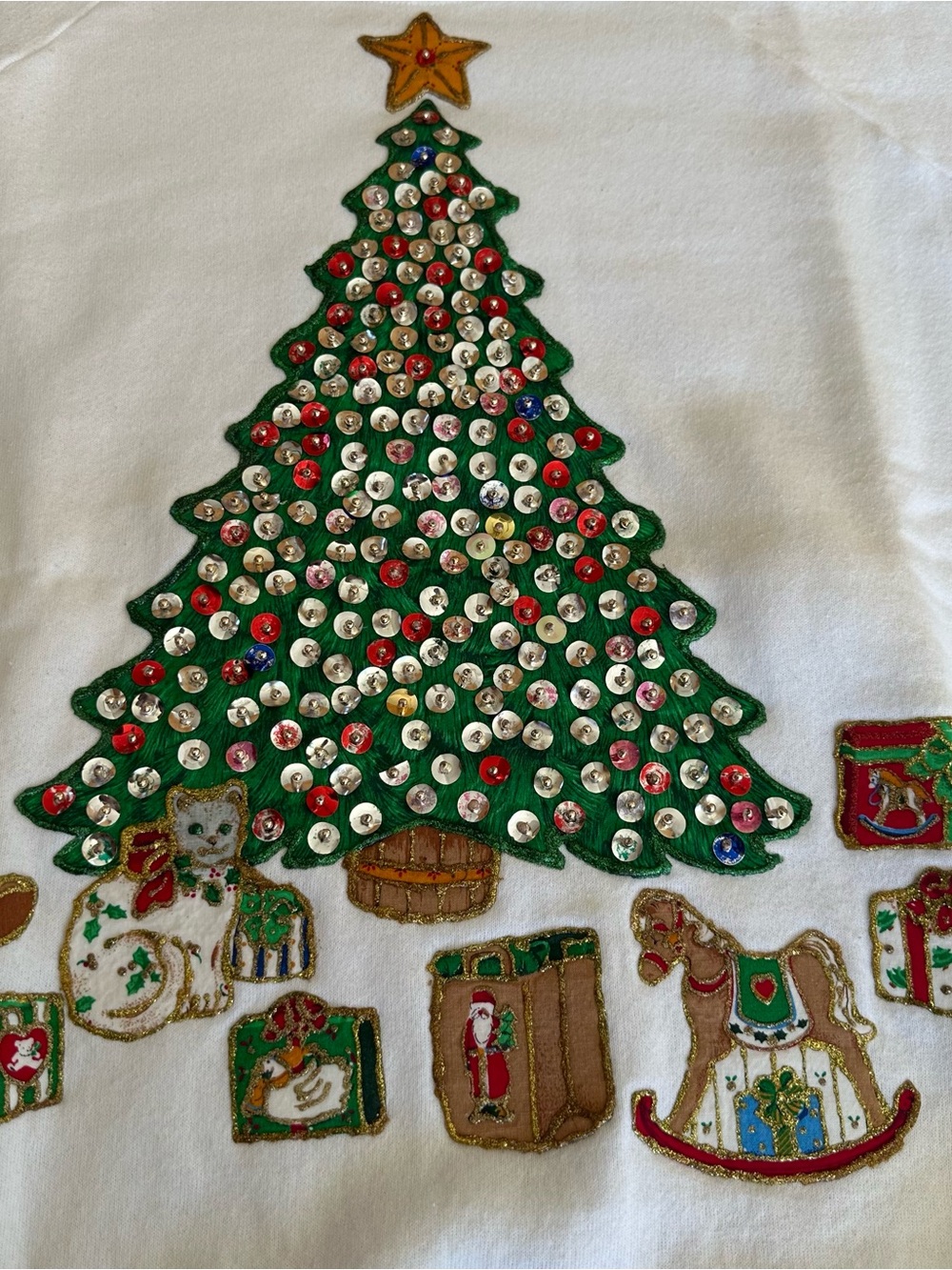 Handmade Detail Insane White Holiday Top with Green Sequin Christmas Tree